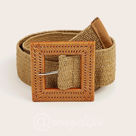 Camel Straw Woven Belt Square Buckle - Picture 2 of 7